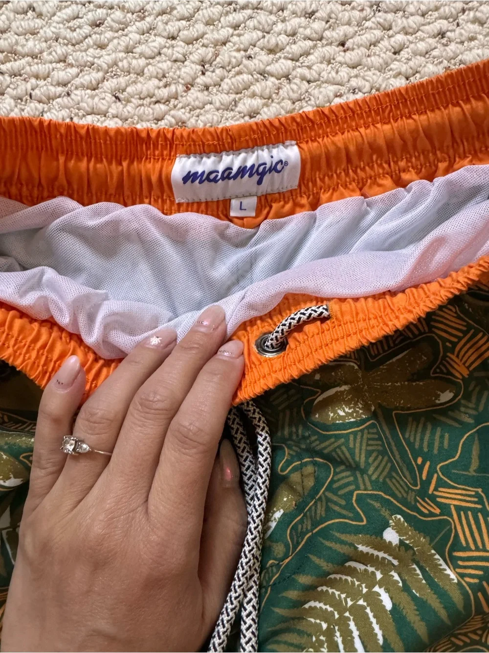 Maamgic Green Tropical Print Swim Shorts with Orange Trim